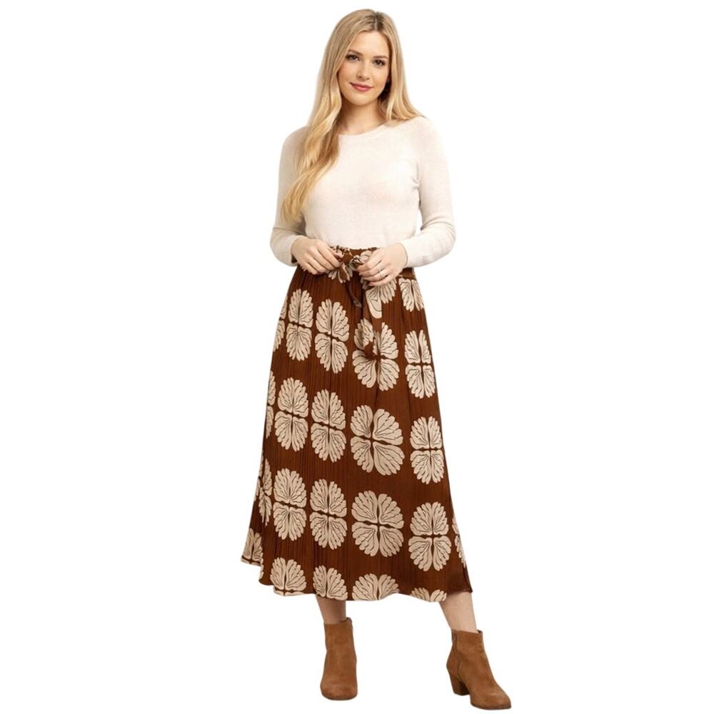 Alice Blue Boho Pleated Midi Skirt Brown Leaf Print Buckle Belt XL NWT